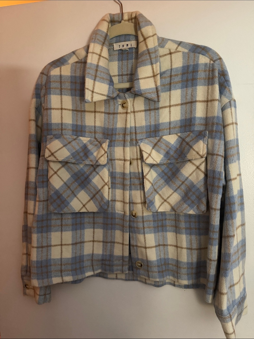 THML Blue and Cream Plaid Button-Front Shacket